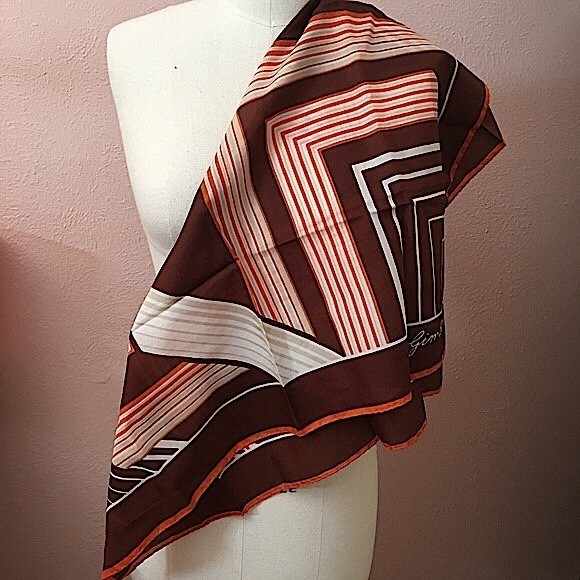 VTG 60 70 Jim Renoir Geometric Print Brown Burnt Orange Large Square scarf - Picture 14 of 16